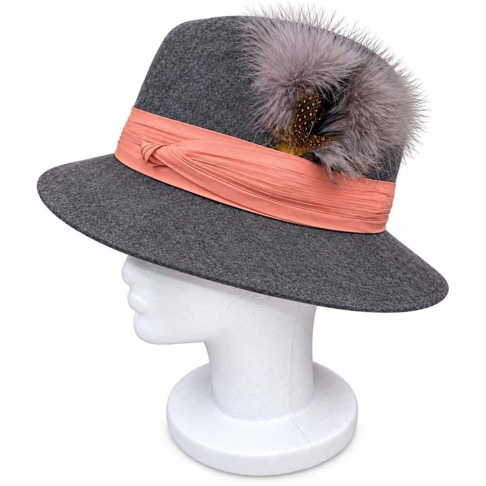 Vintage Tally-Ho Ladies Fedora Hat Gray Wool w/Feather Pink Band